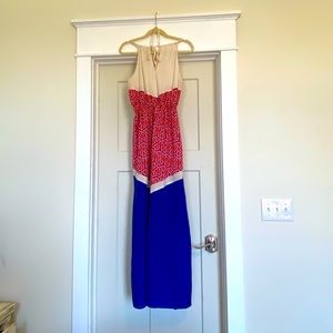 Sheer Maxi dress, tan, red and blue